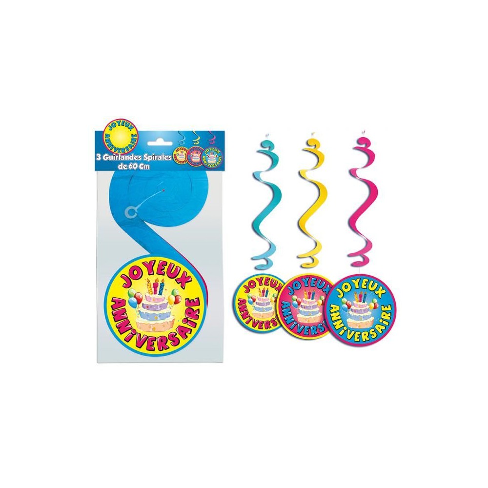 3 guirlandes spirales Joyeux Anniversaire