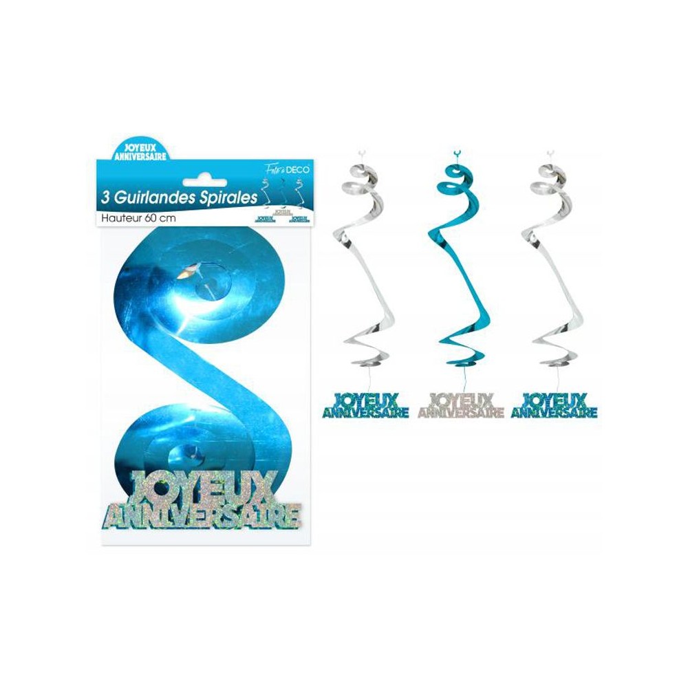 3 guirlandes spirales Joyeux Anniversaire bleues