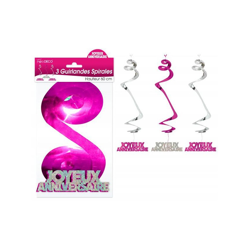 3 guirlandes spirales Joyeux Anniversaire roses