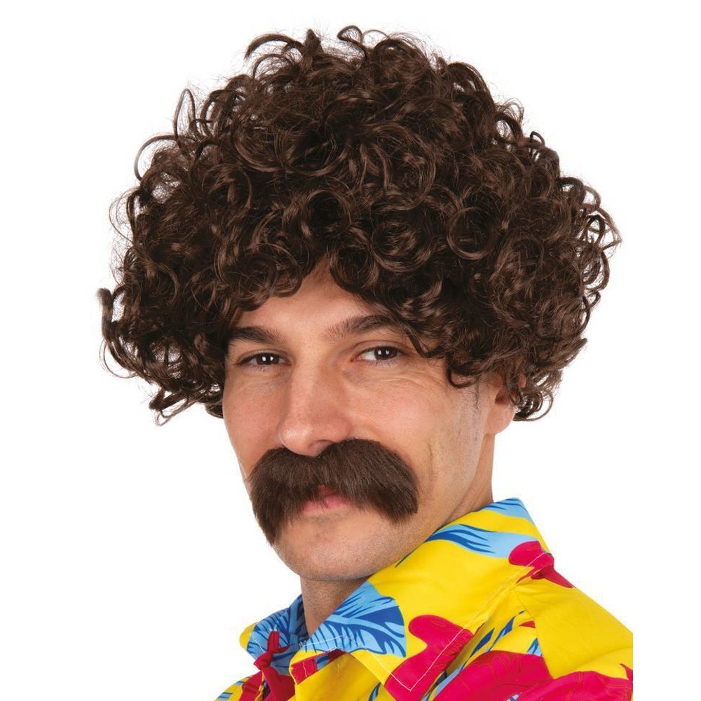 Perruque courte frisée et moustache