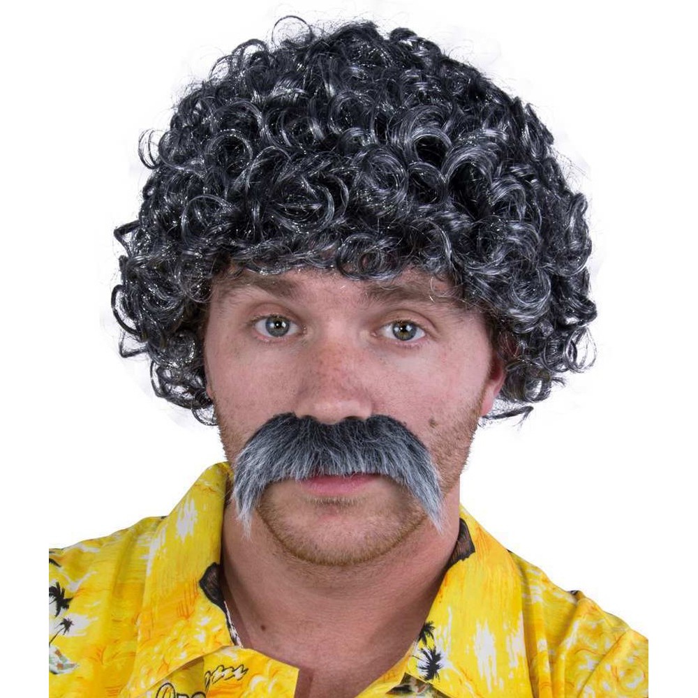 Perruque courte frisée et moustache