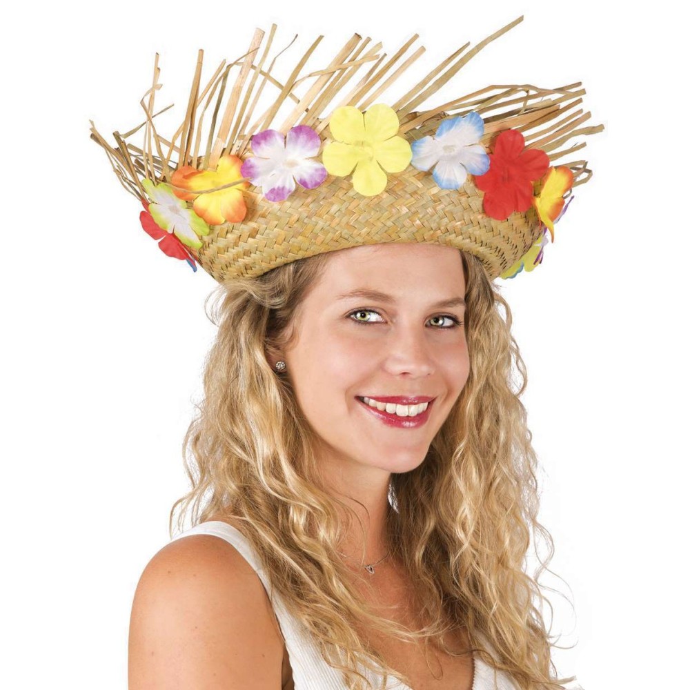 Chapeau paille Hawaï beige avec fleurs