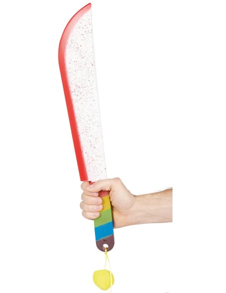 Machette de clown avec taches de sang et manche arc-en-ciel