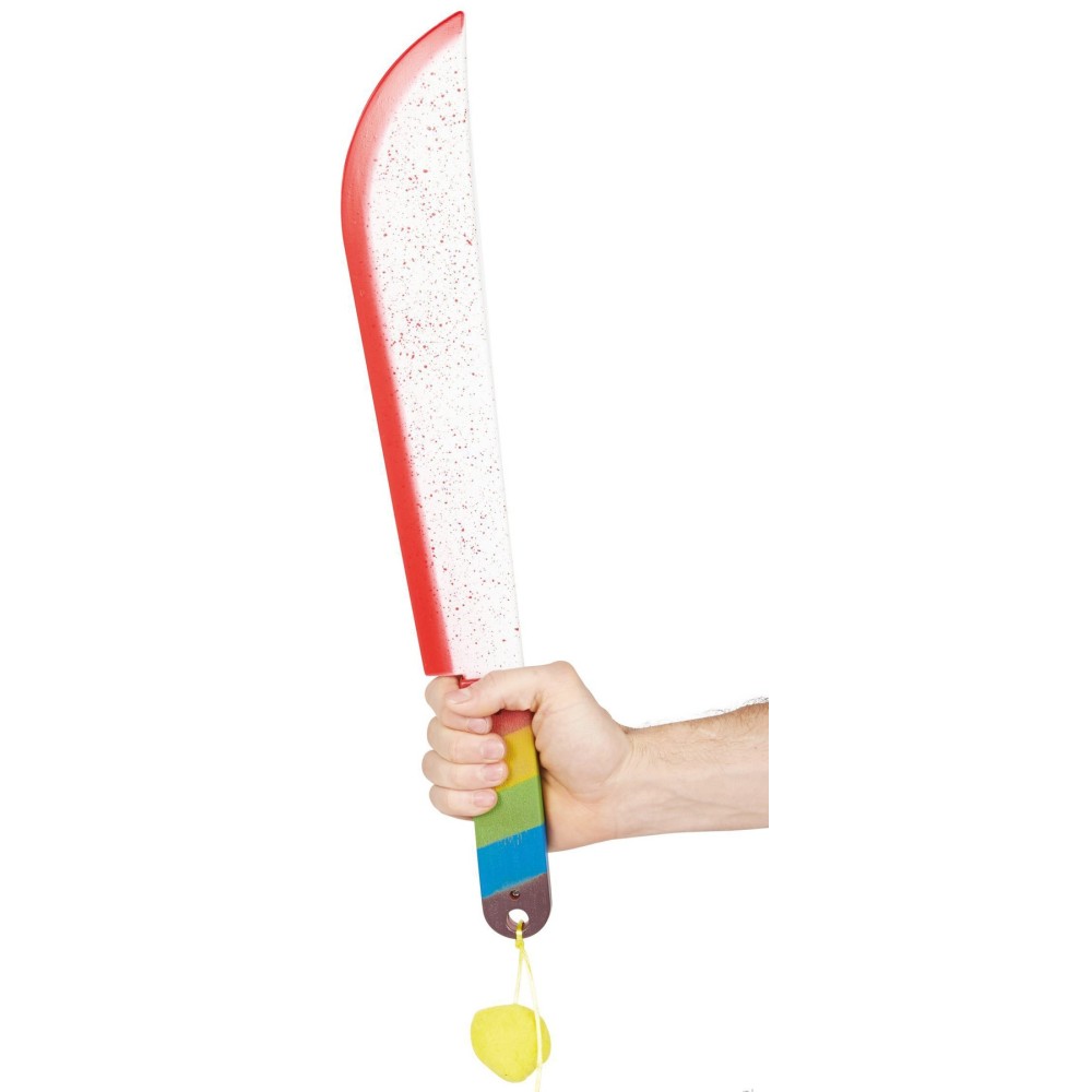 Machette de clown avec taches de sang et manche arc-en-ciel