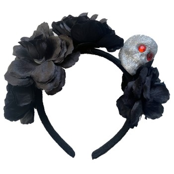 Serre-tête avec roses noires et tête de mort paillettes
