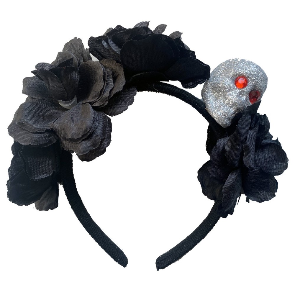 Serre-tête avec roses noires et tête de mort paillettes