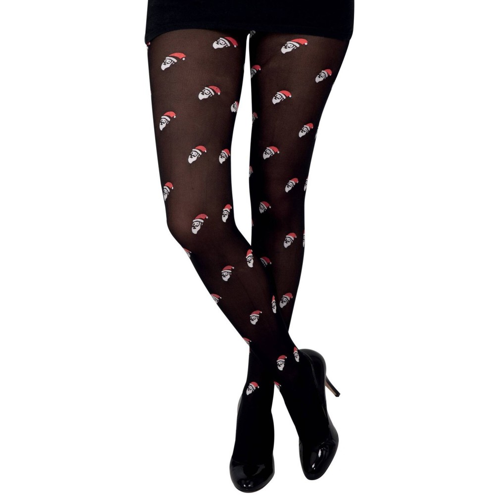 Collants noir avec têtes de Père Noël