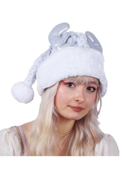 Bonnet blanc sequins avec cornes cerf argent