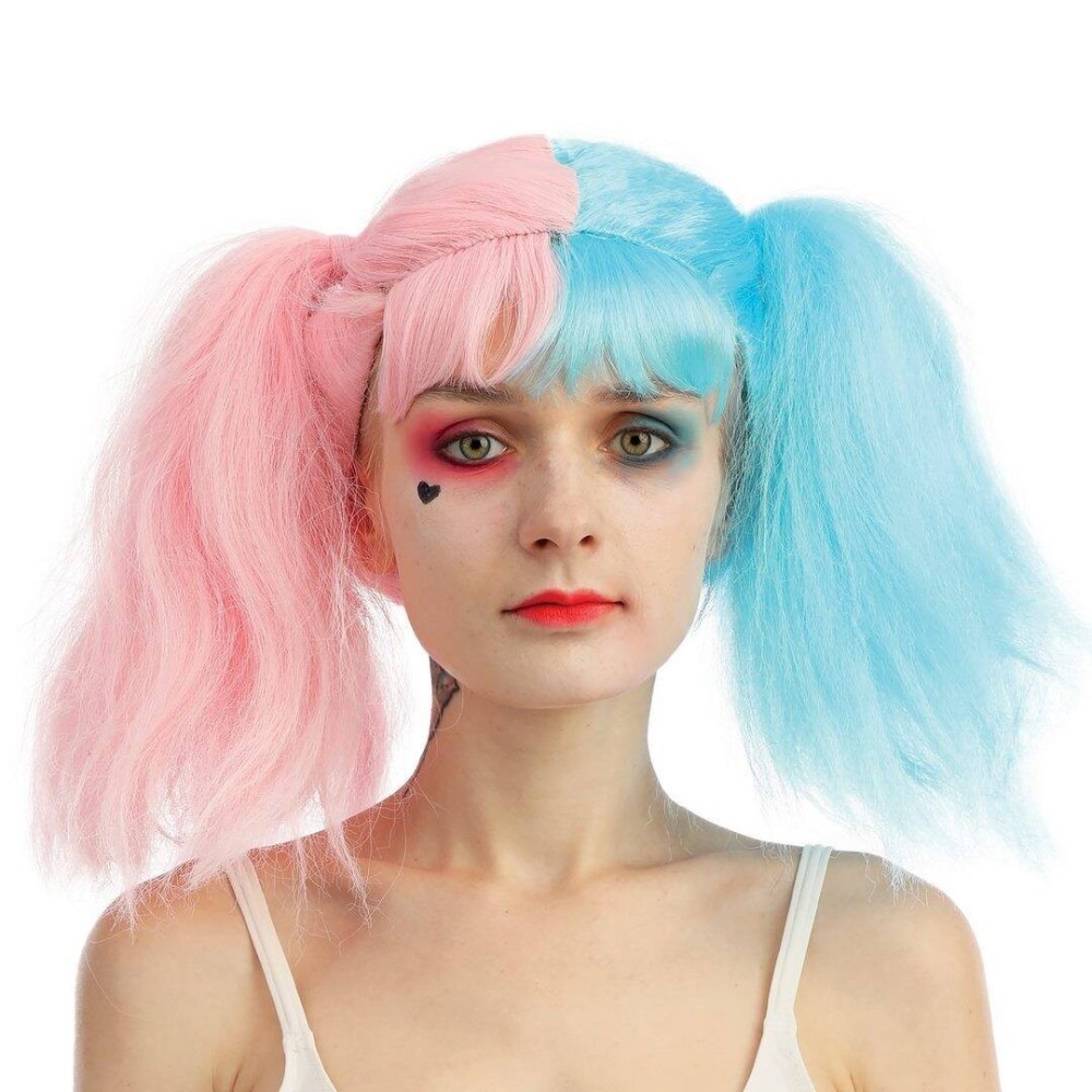 Perruque arlequin avec couettes rose et bleu