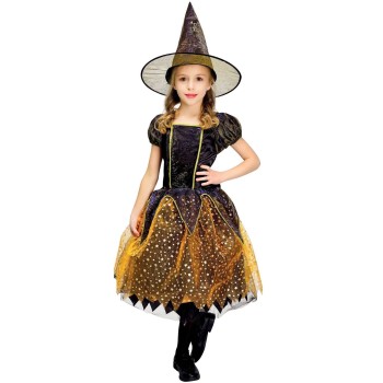 Déguisement de sorcière enfant avec robe noire dorée et chapeau