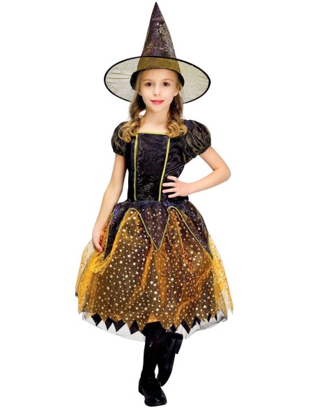 Déguisement de sorcière enfant avec robe noire dorée et chapeau