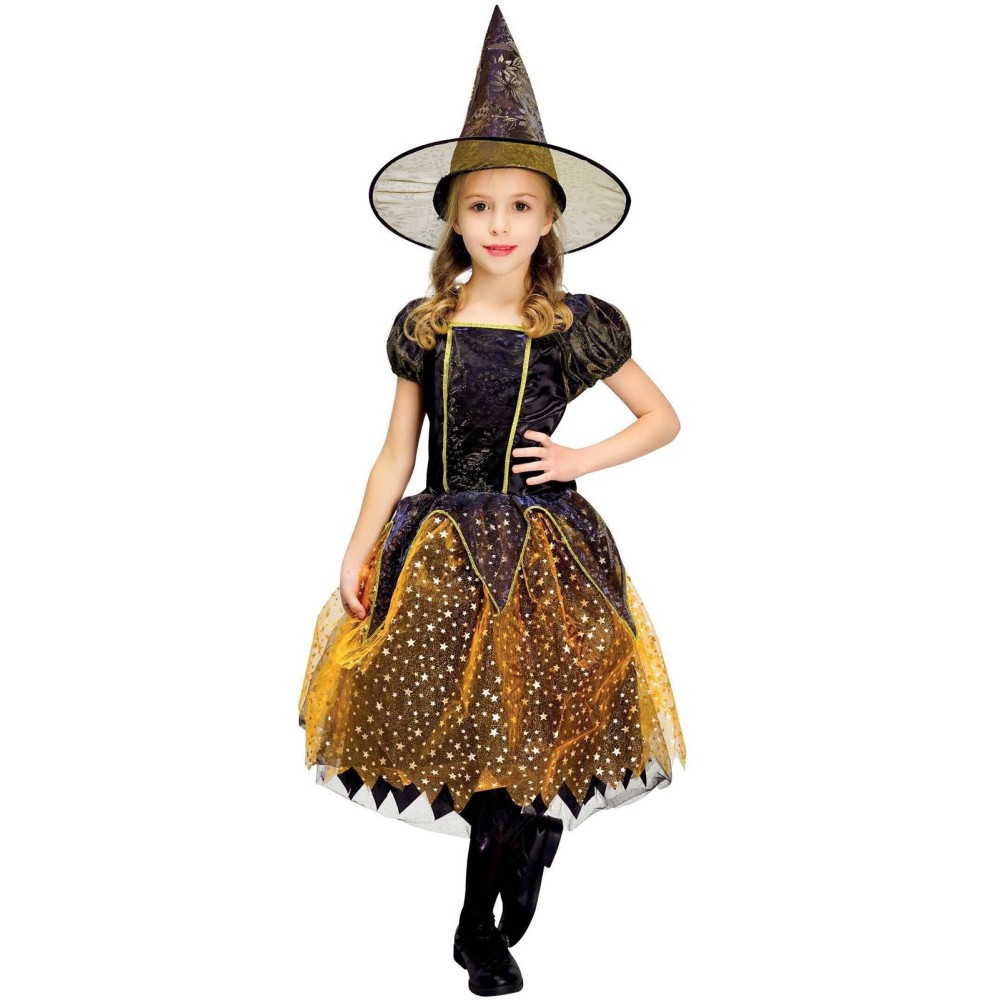 Déguisement de sorcière enfant avec robe noire dorée et chapeau