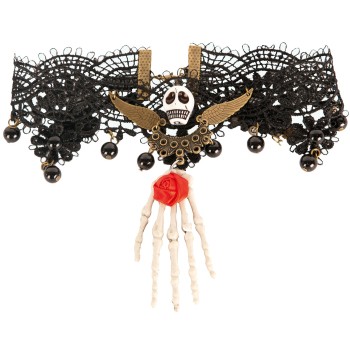 Bracelet dentelles tête de mort avec main de squelette