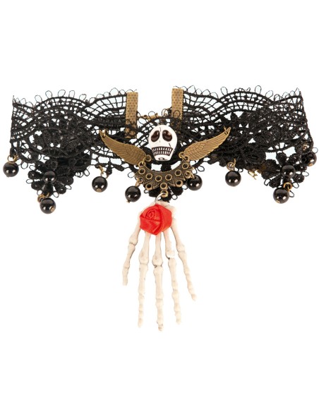 Bracelet dentelles tête de mort avec main de squelette