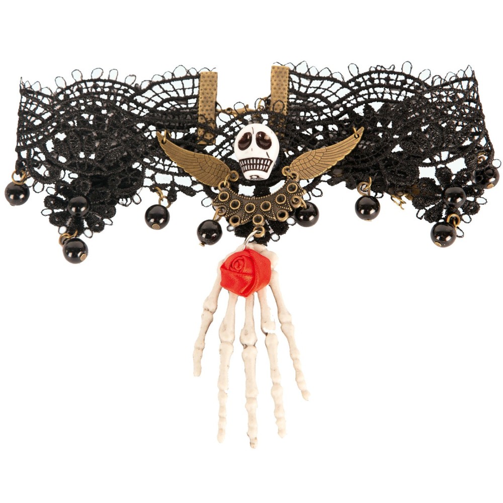 Bracelet dentelles tête de mort avec main de squelette