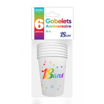 6 gobelets joyeux anniversaire 18 ans multicolore