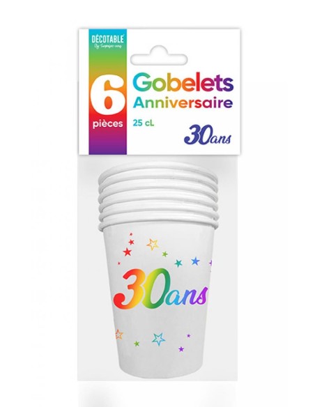 6 gobelets joyeux anniversaire 30 ans multicolore