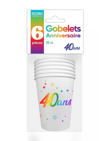 6 gobelets joyeux anniversaire 40 ans multicolore
