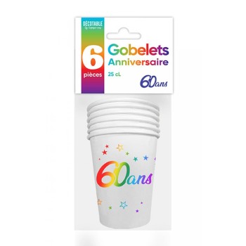 6 gobelets joyeux anniversaire 60 ans multicolore