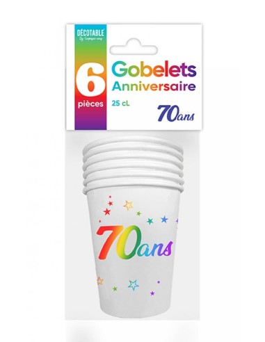 6 gobelets joyeux anniversaire 70 ans multicolore