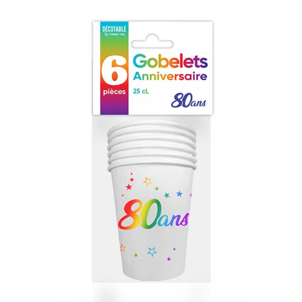 6 gobelets joyeux anniversaire 80 ans multicolore