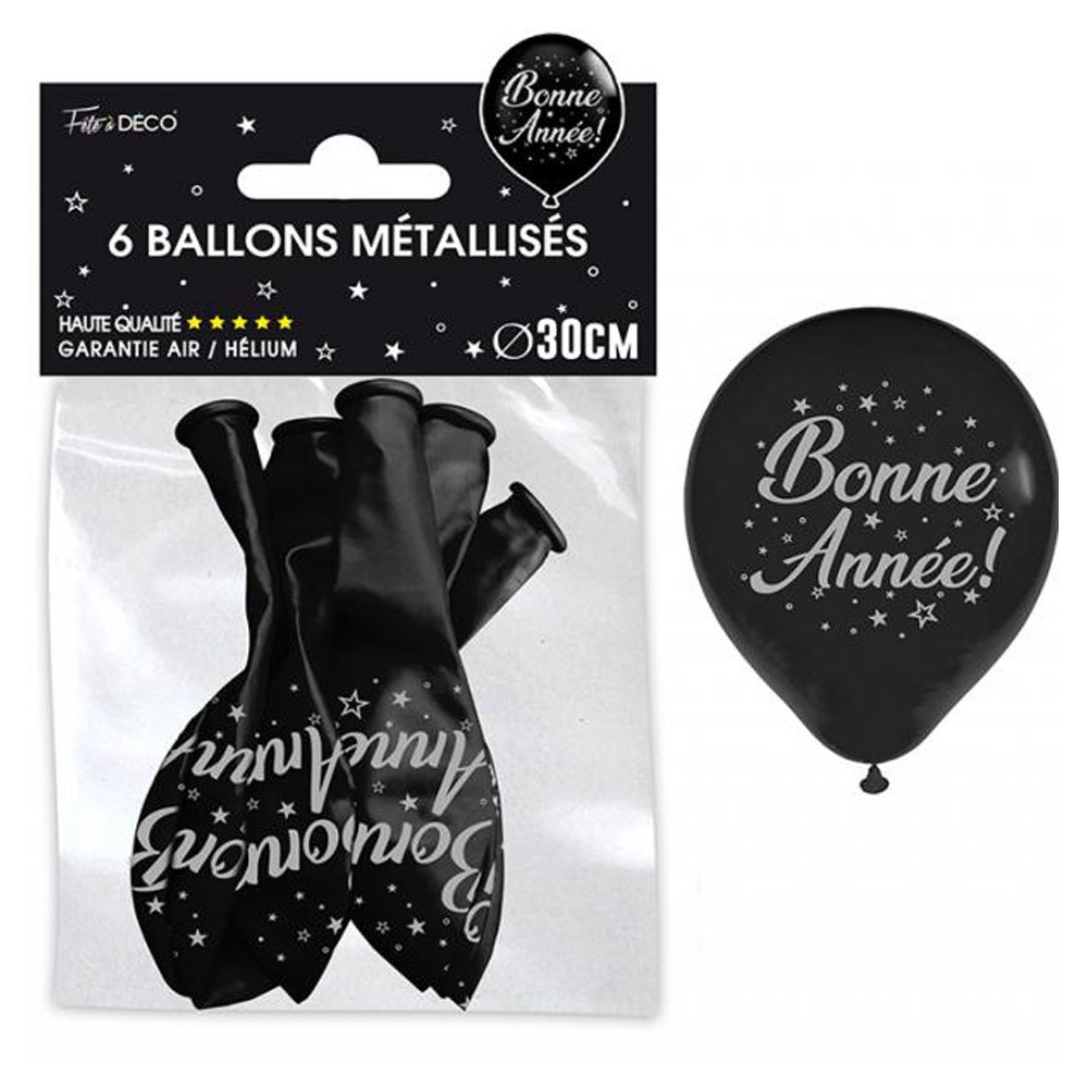 6 ballons bonne année noir et argent
