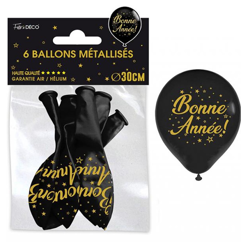 6 ballons bonne année noir et or