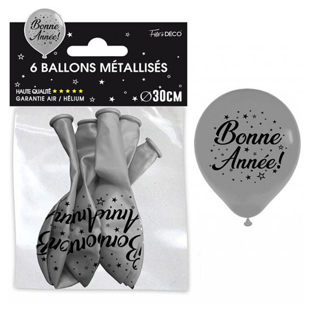 6 ballons bonne année argent et noir